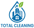 Logo of Total Cleaning featuring a blue droplet containing stylized buildings and a house, accented by a green leaf, representing eco-friendly cleaning services.