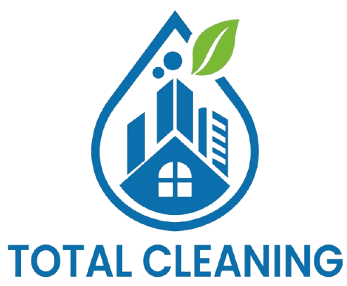 Logo of Total Cleaning featuring a blue droplet containing stylized buildings and a house, accented by a green leaf, representing eco-friendly cleaning services.